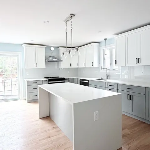 a kitchen with white cabinets sink and stainless steel appliances