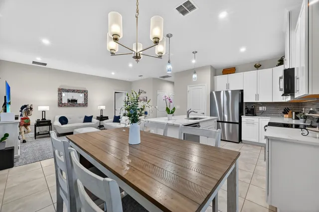 a view of kitchen and dining area with furniture