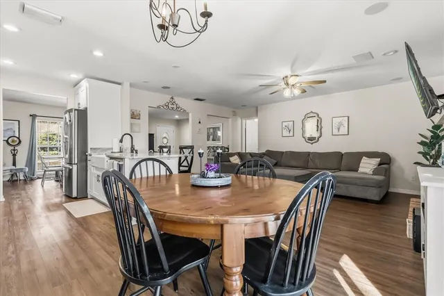 a view of a dining room with furniture