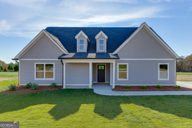 a front view of house with yard and green space