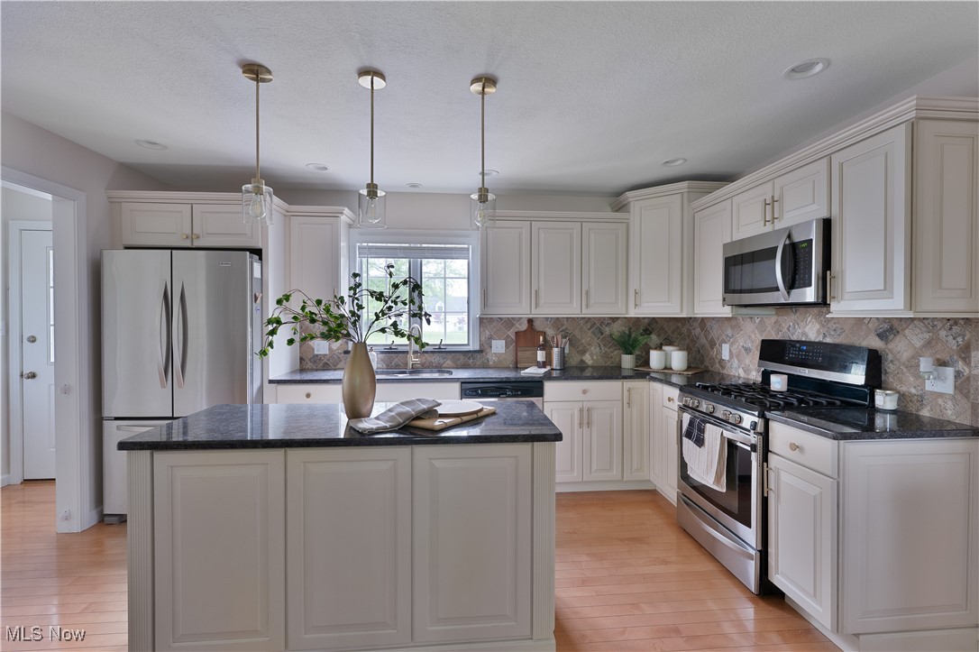 7091 South Raccoon Road Canfield, OH 44406 - Photo 14 of 39 Kitchen featuring appliances with stainless steel finishes, light wood finished floors, tasteful backsplash, and recessed lighting