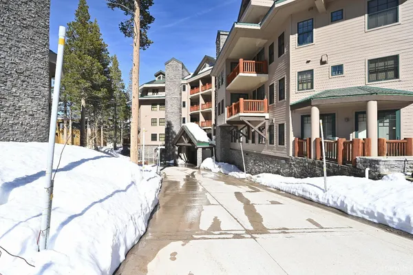 a view of a building with a street