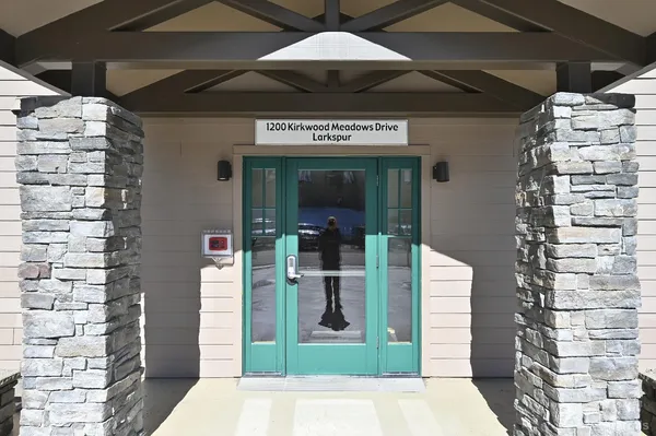 a view of a building with a door