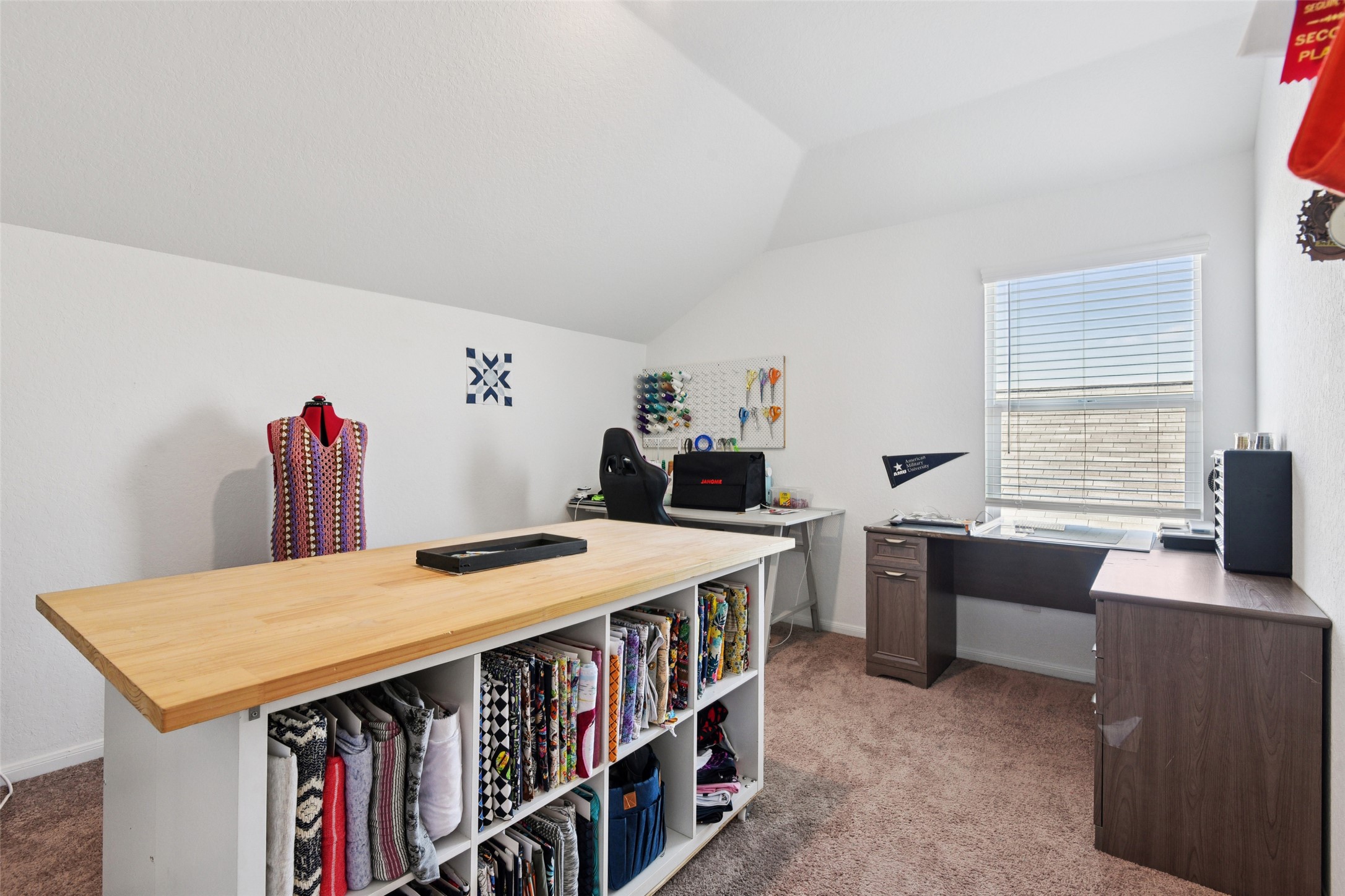 9058 Bowie Ridge Seguin, TX 78155 - Photo 25 of 40 Home office featuring light colored carpet and vaulted ceiling