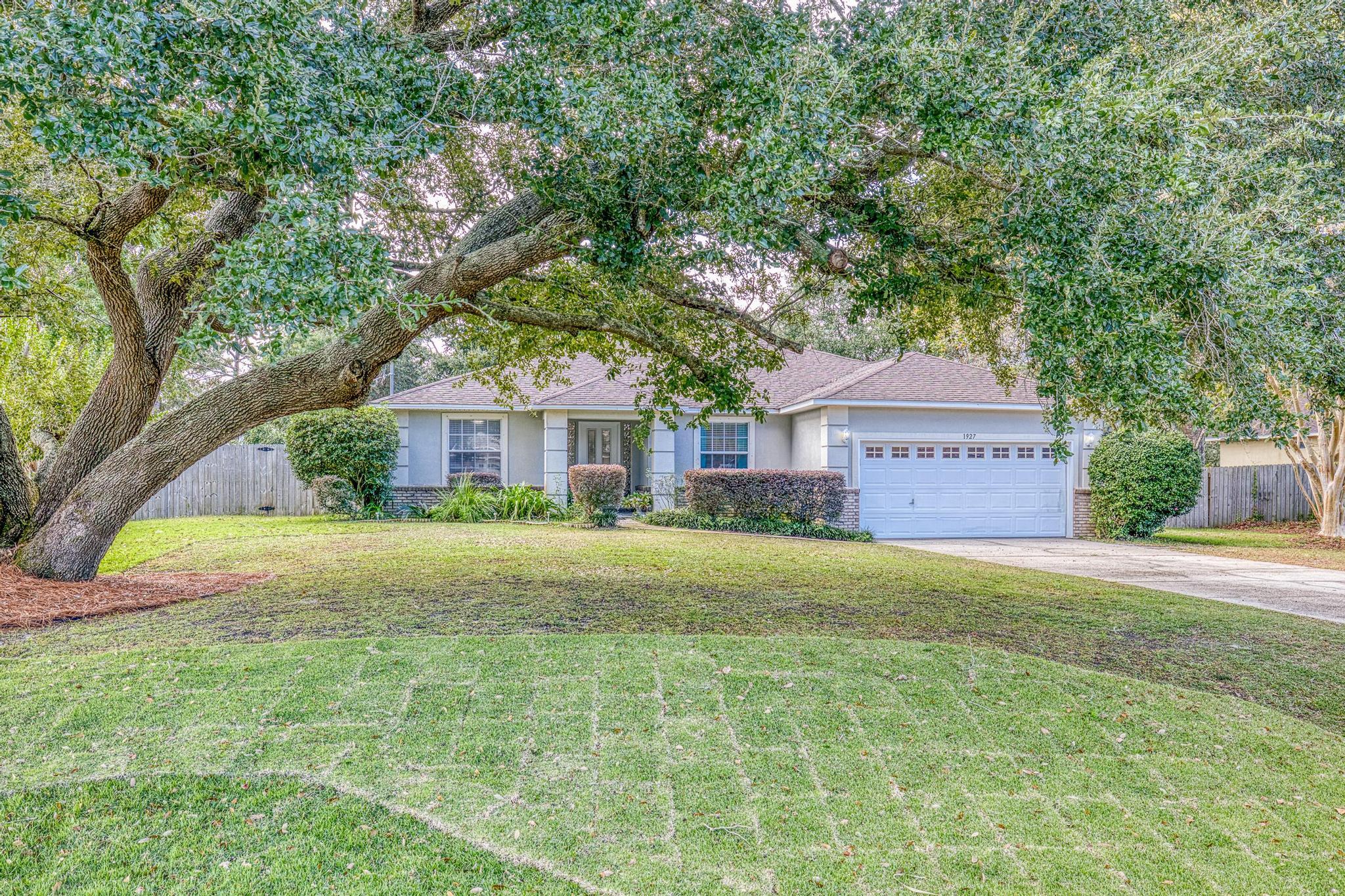 a front view of a house with yard and green space