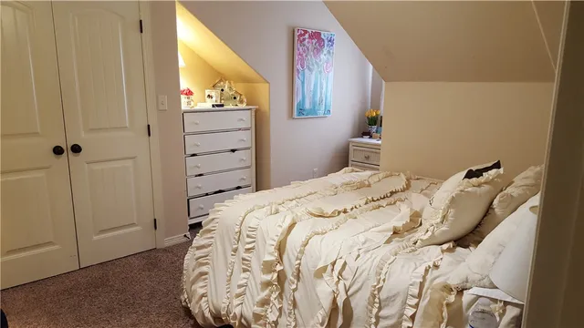 a bedroom with a bed and a closet