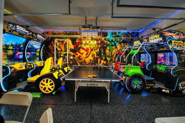 a view of a patio with a table and chairs potted plants and palm trees