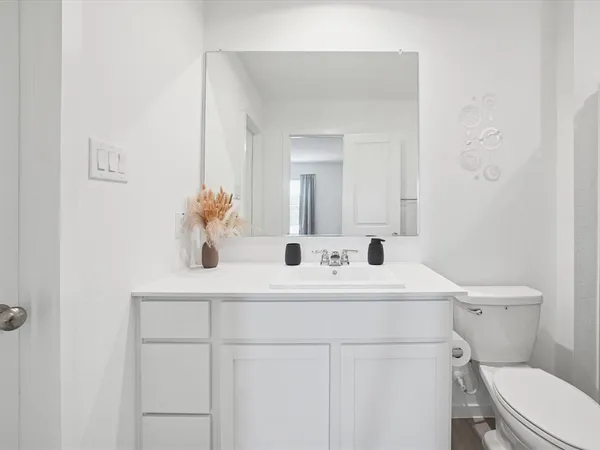 a bathroom with a sink a toilet and mirror