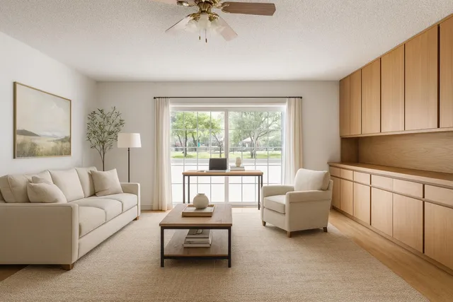 a living room with furniture and a large window