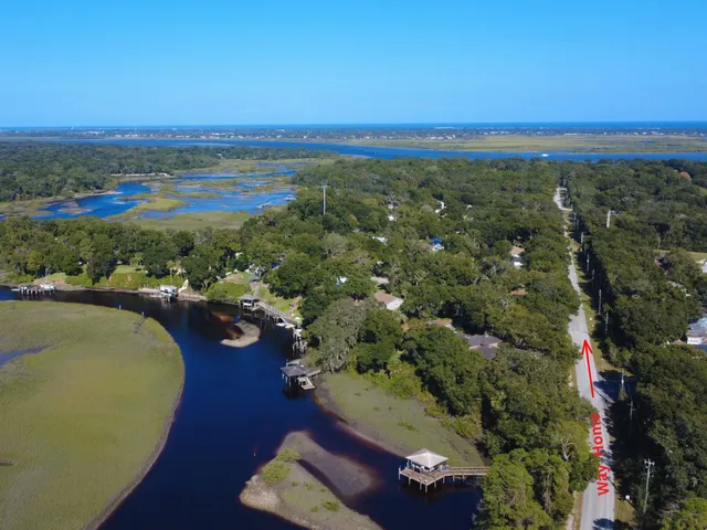 an aerial view of residential houses with outdoor space and lake view