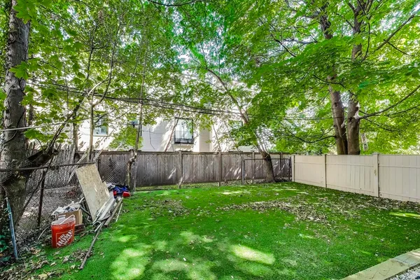 a view of a backyard with a tree