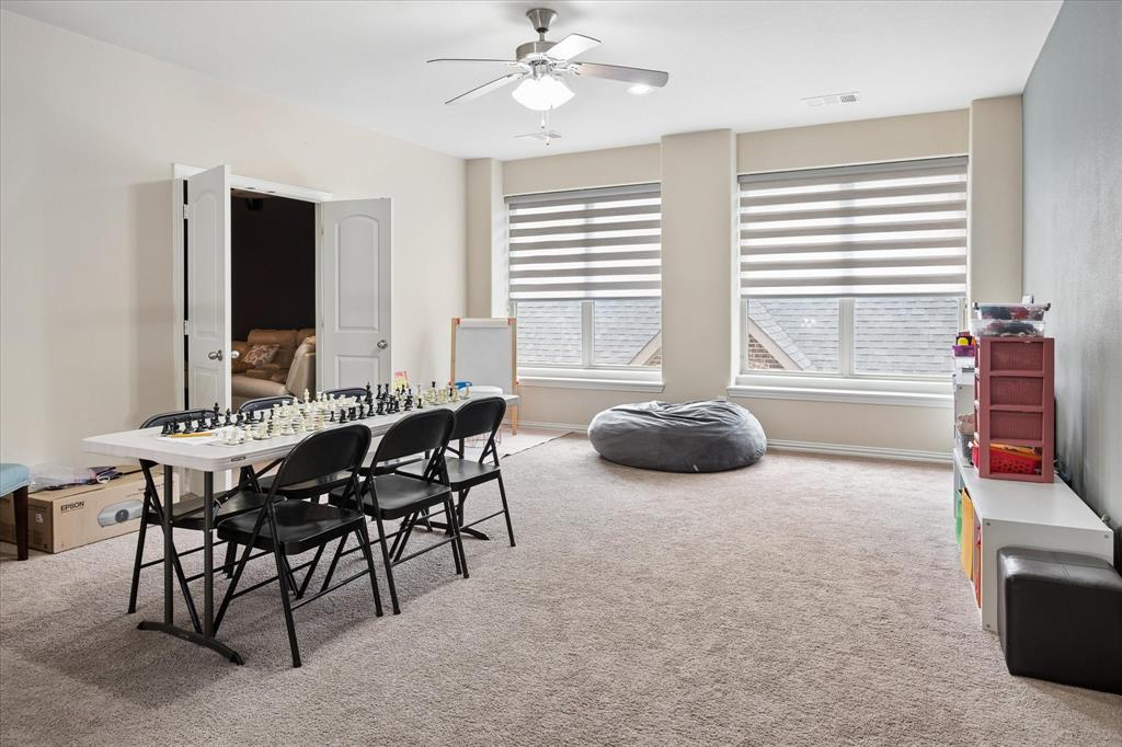 8268 Kara Creek Road Frisco, TX 75036 - Photo 19 of 31 Spacious room featuring neutral carpet flooring, a ceiling fan with integrated lighting, and two large windows with horizontal blinds