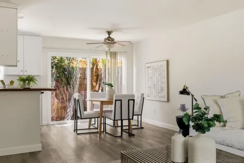 a dining room with furniture potted plants and wooden floor