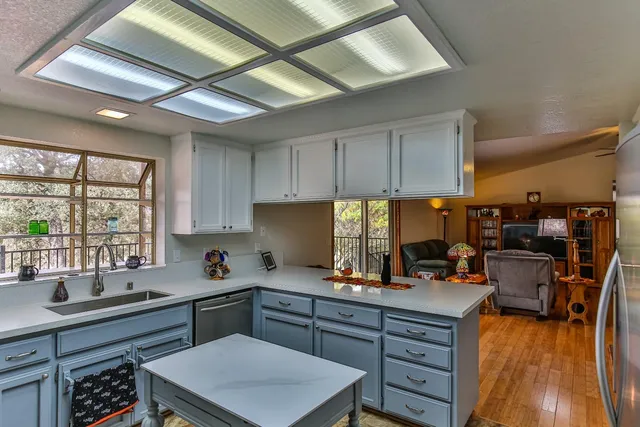 a view of a park with large trees