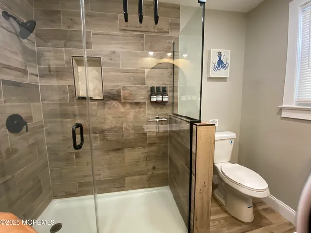 a bathroom with a shower and toilet