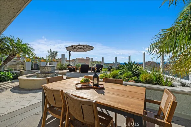 a view of a patio with table and chairs potted plants and palm tree