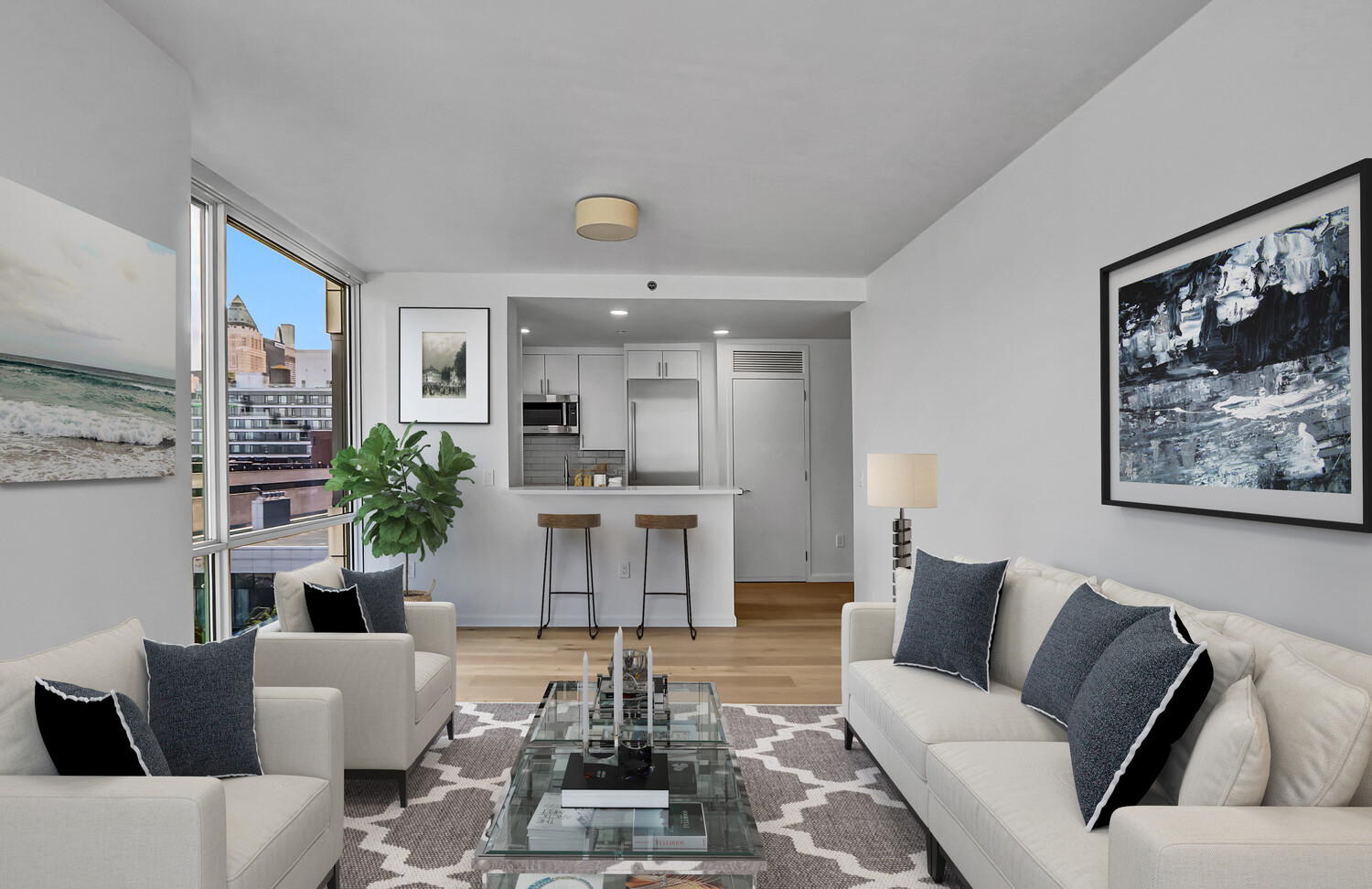 635 West 42nd Street, Unit 7A Manhattan, NY 10036 - Photo 11 of 28 a living room with furniture and a large window