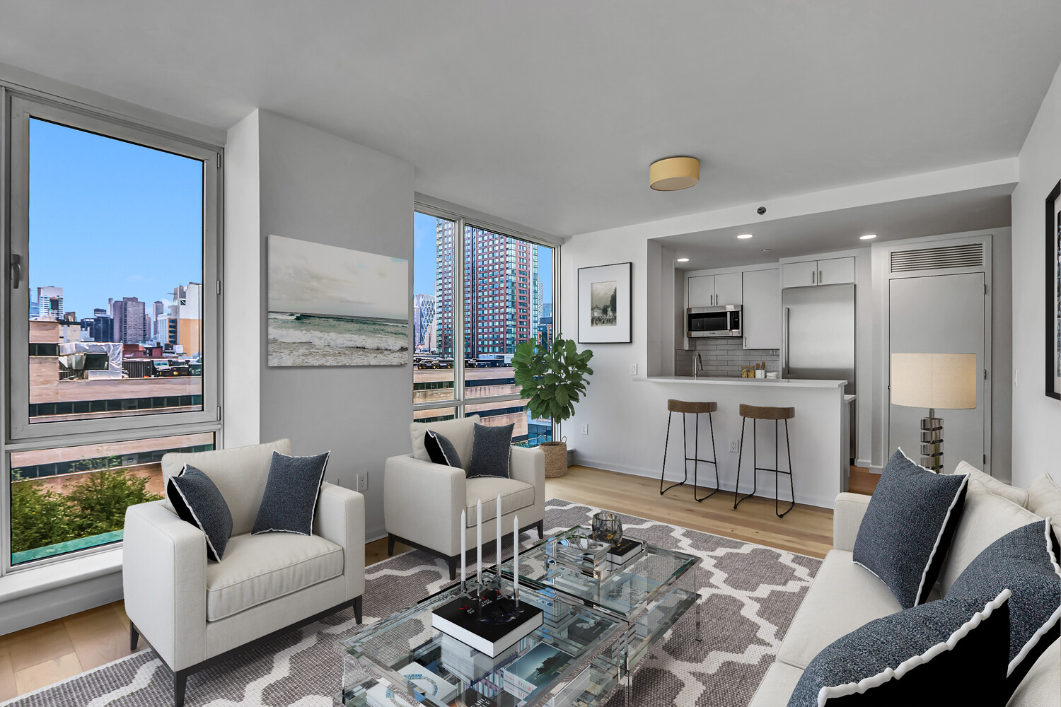 635 West 42nd Street, Unit 7A Manhattan, NY 10036 - Photo 13 of 28 a living room with furniture kitchen view and a wooden floor