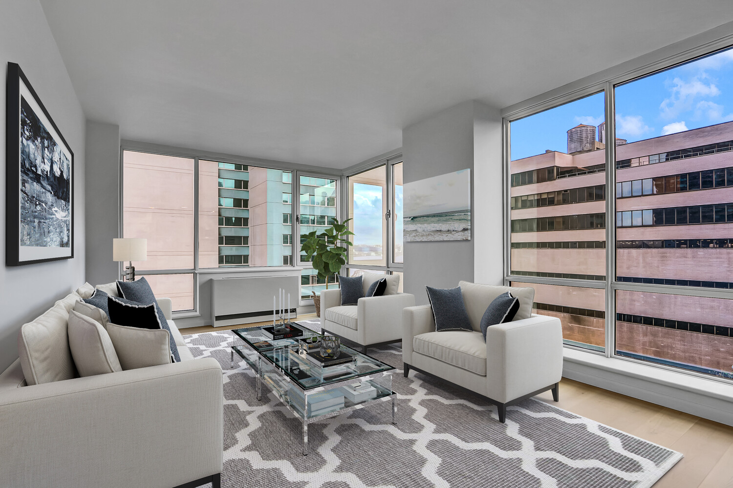 635 West 42nd Street, Unit 7A Manhattan, NY 10036 - Photo 5 of 28 a living room with furniture and a large window