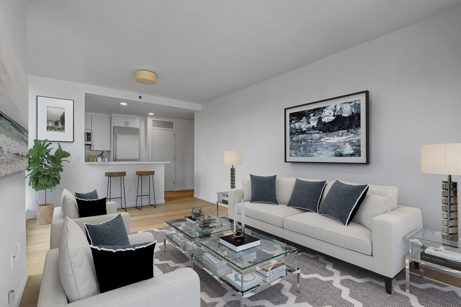 635 West 42nd Street, Unit 7A Manhattan, NY 10036 - Photo 9 of 28 a living room with furniture a rug and a painting