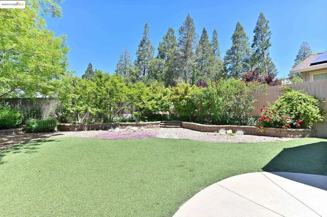 a aerial view of a house with a yard and potted plants