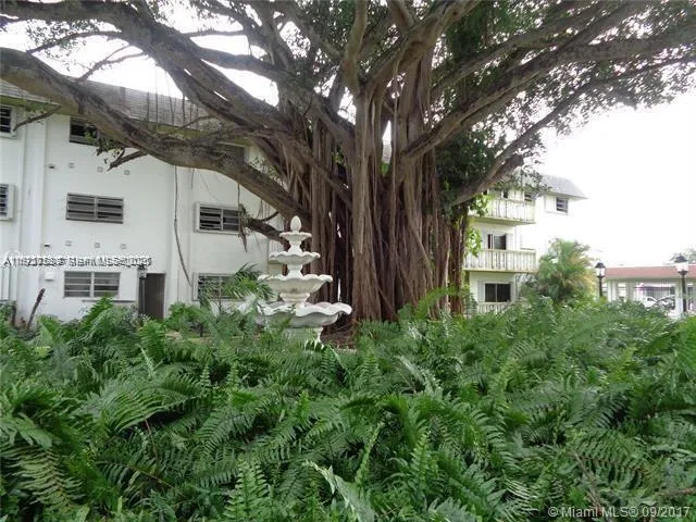 a view of a white house next to a large tree