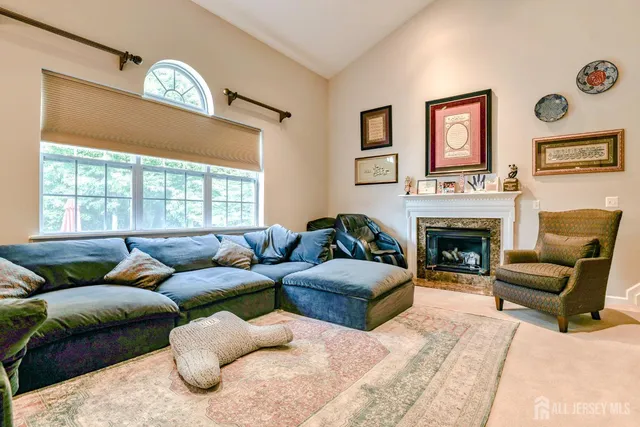 a living room with furniture and a fireplace
