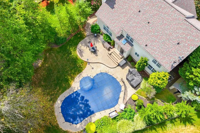 an aerial view of a house with a yard and a large tree