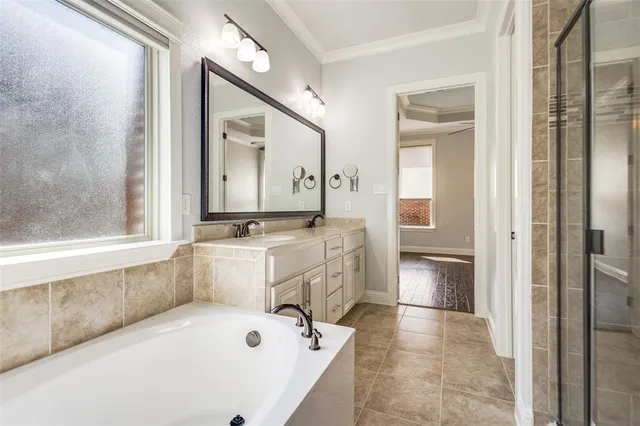 a bathroom with a tub a sink and a large mirror