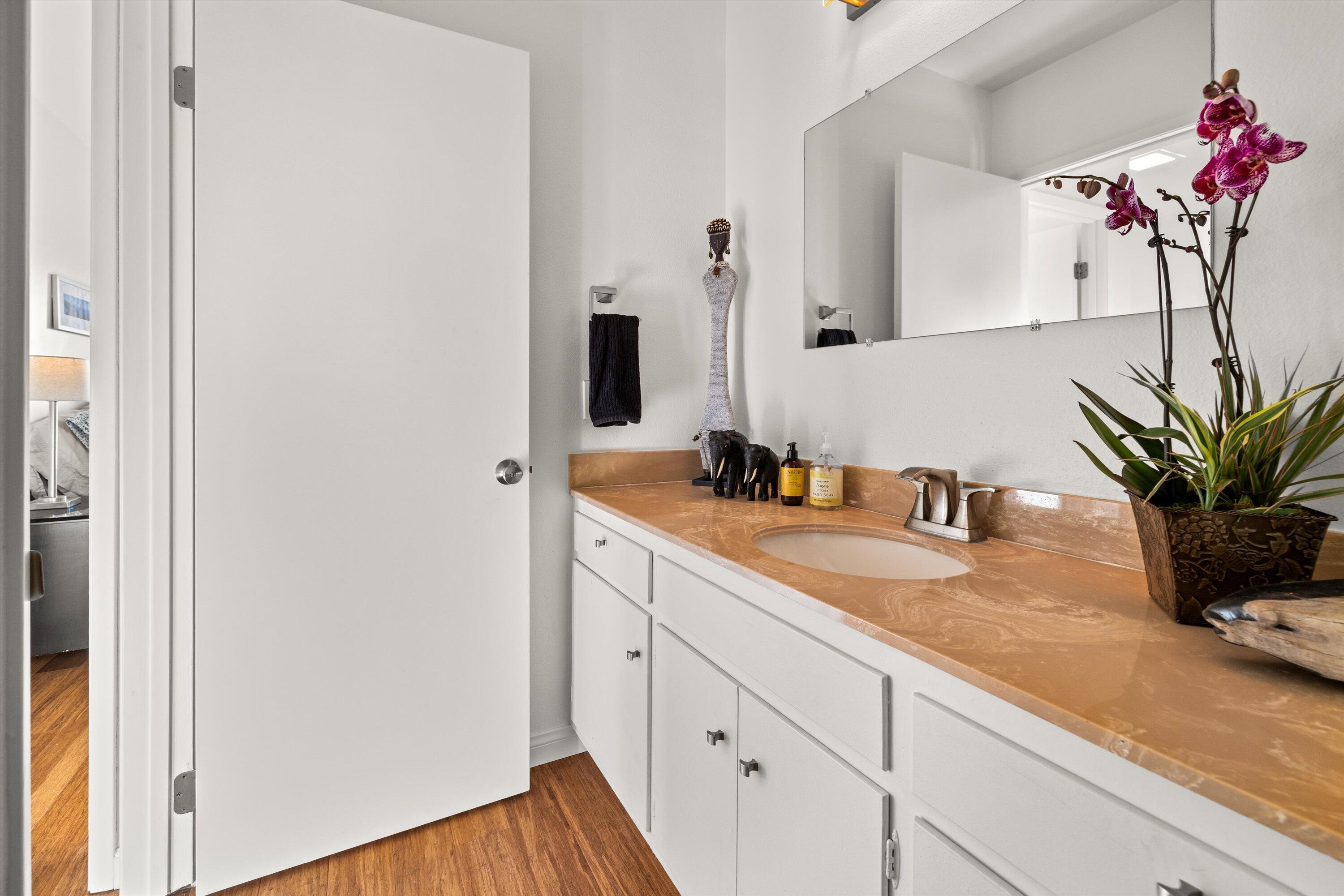 128 Las Alturas Road Santa Barbara, CA 93103 - Photo 19 of 36 a bathroom with a granite countertop sink a potted plant and a mirror