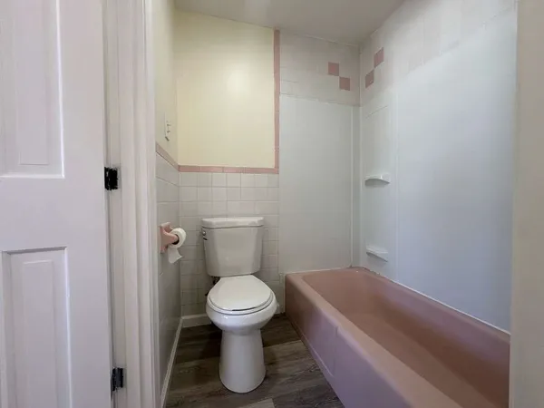 a bathroom with a toilet and a bathtub