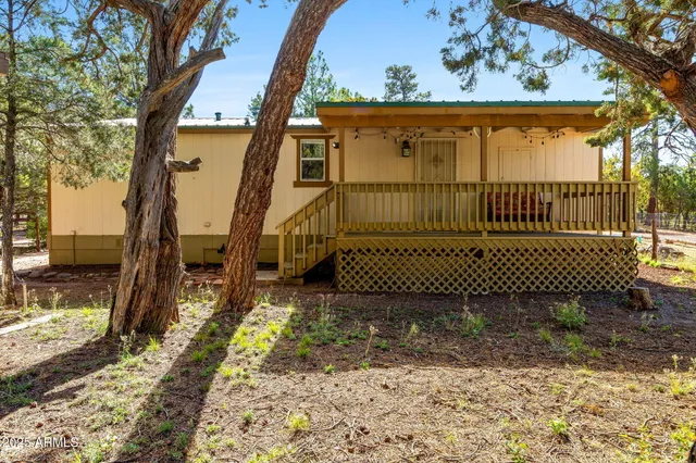 a view of a yard with large trees and a small yard