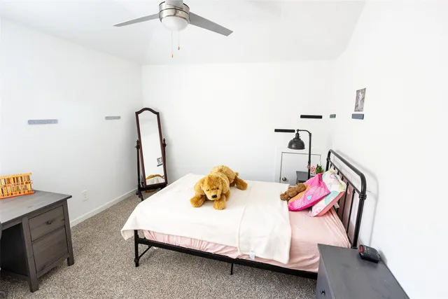 a bedroom with a bed and dresser