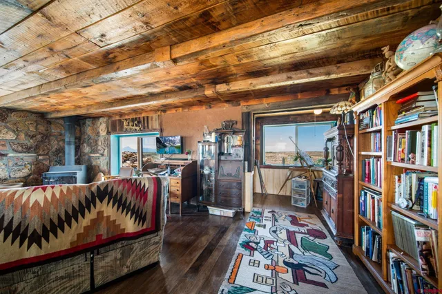 a view of a furniture and storage in the room