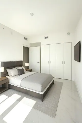a spacious bedroom with a bed and a flat screen tv