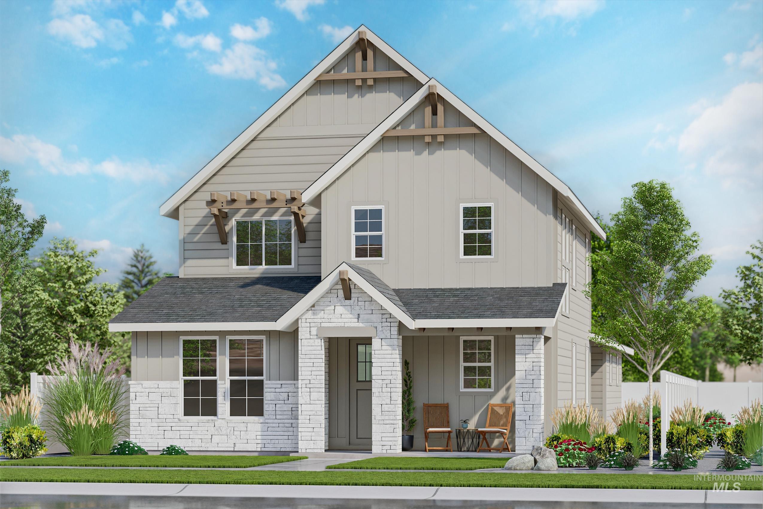 View of front of property with a shingled roof, board and batten siding, and stone siding