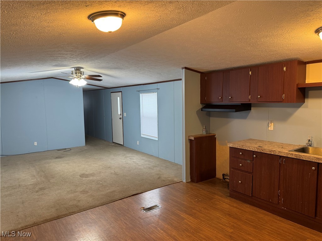 20 Eddie Road Madison, OH 44057 - Photo 3 of 9 Kitchen featuring a textured ceiling, light countertops, a ceiling fan, lofted ceiling, and dark wood-style floors