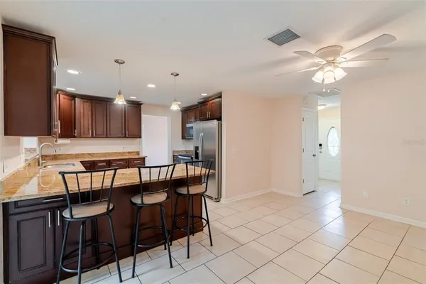 a view of a dining room with furniture