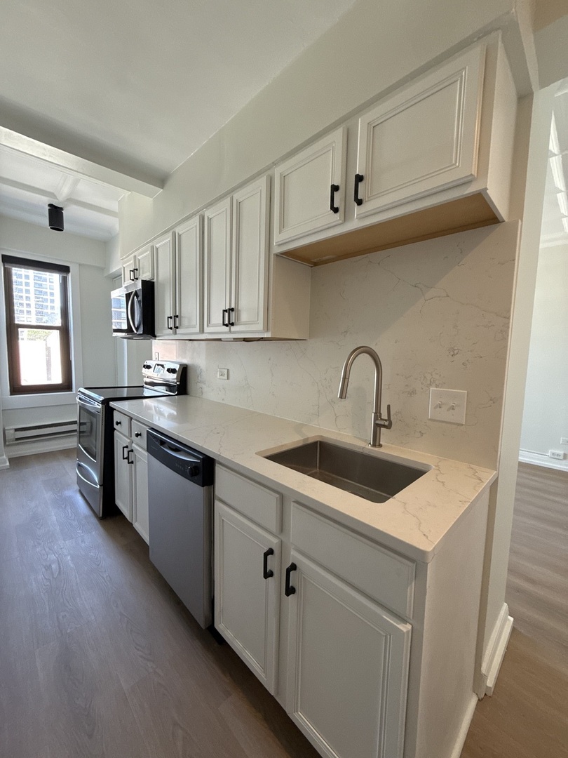 1211 North LaSalle Drive, Unit 1703 Chicago, IL 60610 - Photo 3 of 15 a kitchen with stainless steel appliances granite countertop a sink stove and cabinets