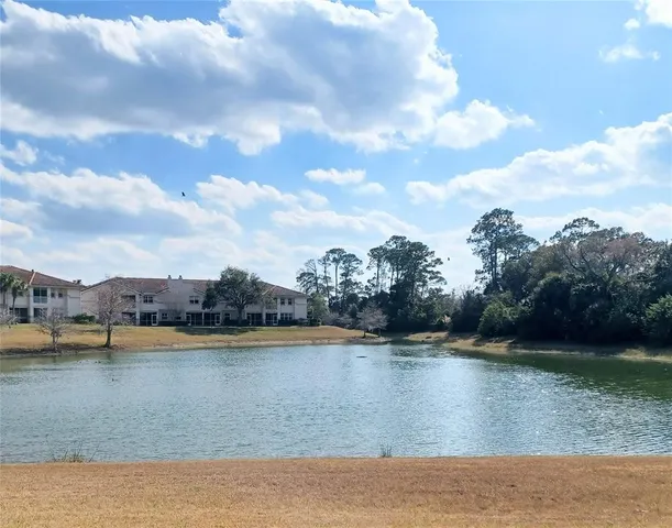 a view of a lake with houses in the back