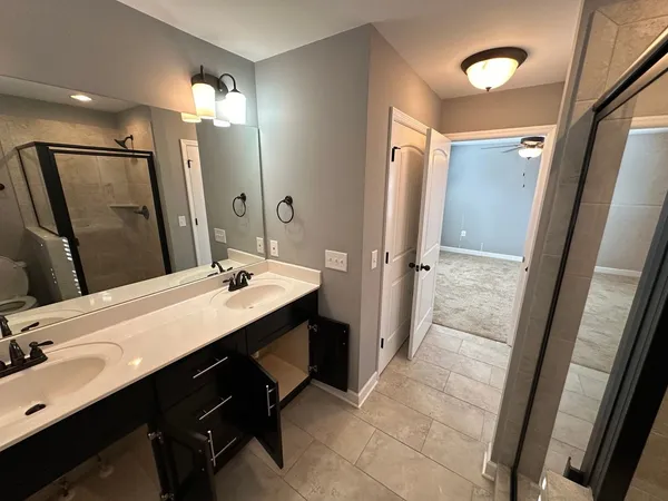 a bathroom with a double vanity sink a mirror a vanity and a shower