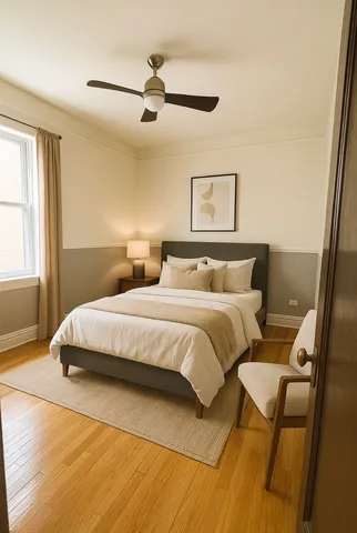 a bedroom with a bed and window