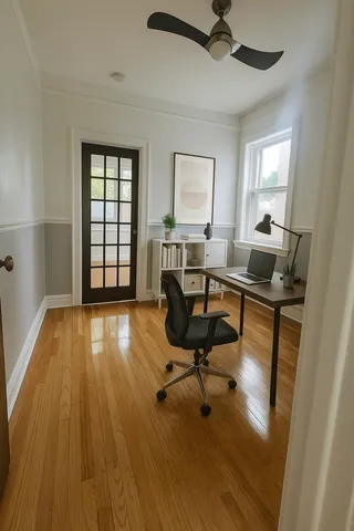 a view of a workspace with furniture and a window