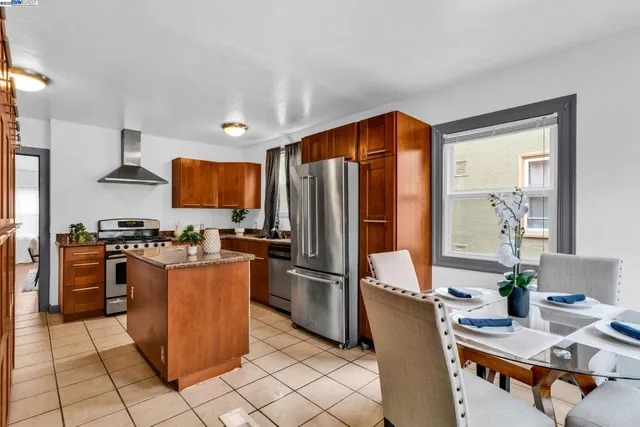 a view of a dining room with furniture window and outside view