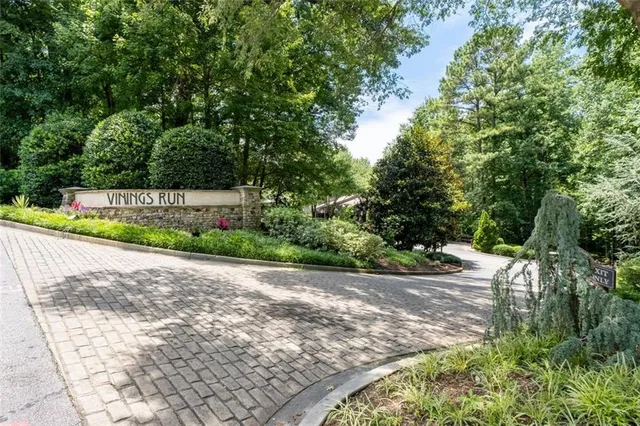 a view of a yard with potted plants and large trees