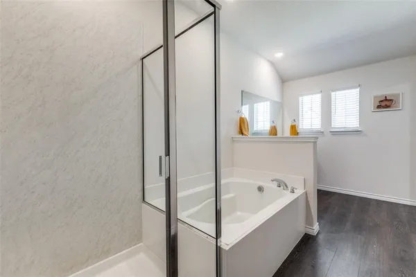 a bathroom with a bathtub and a shower