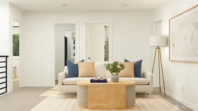 a living room with furniture and a lamp