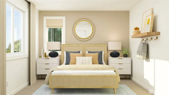 a bedroom with a bed and a mirror