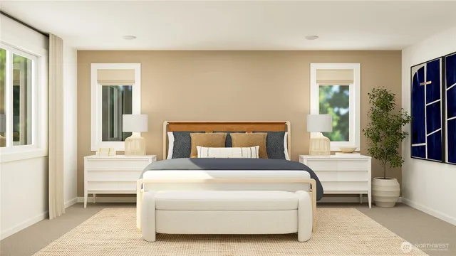 a bedroom with a large bed and a window