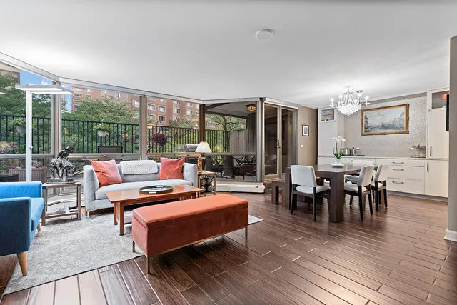 a living room with furniture a rug potted plant and a large window